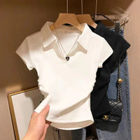 Cotton Summer Sexy Women's T Shirt Skinny Slim Basic Solid Crop Top Short Sleeve Polo TShirtCasual Top Tee for Women Quick Pick Grocers