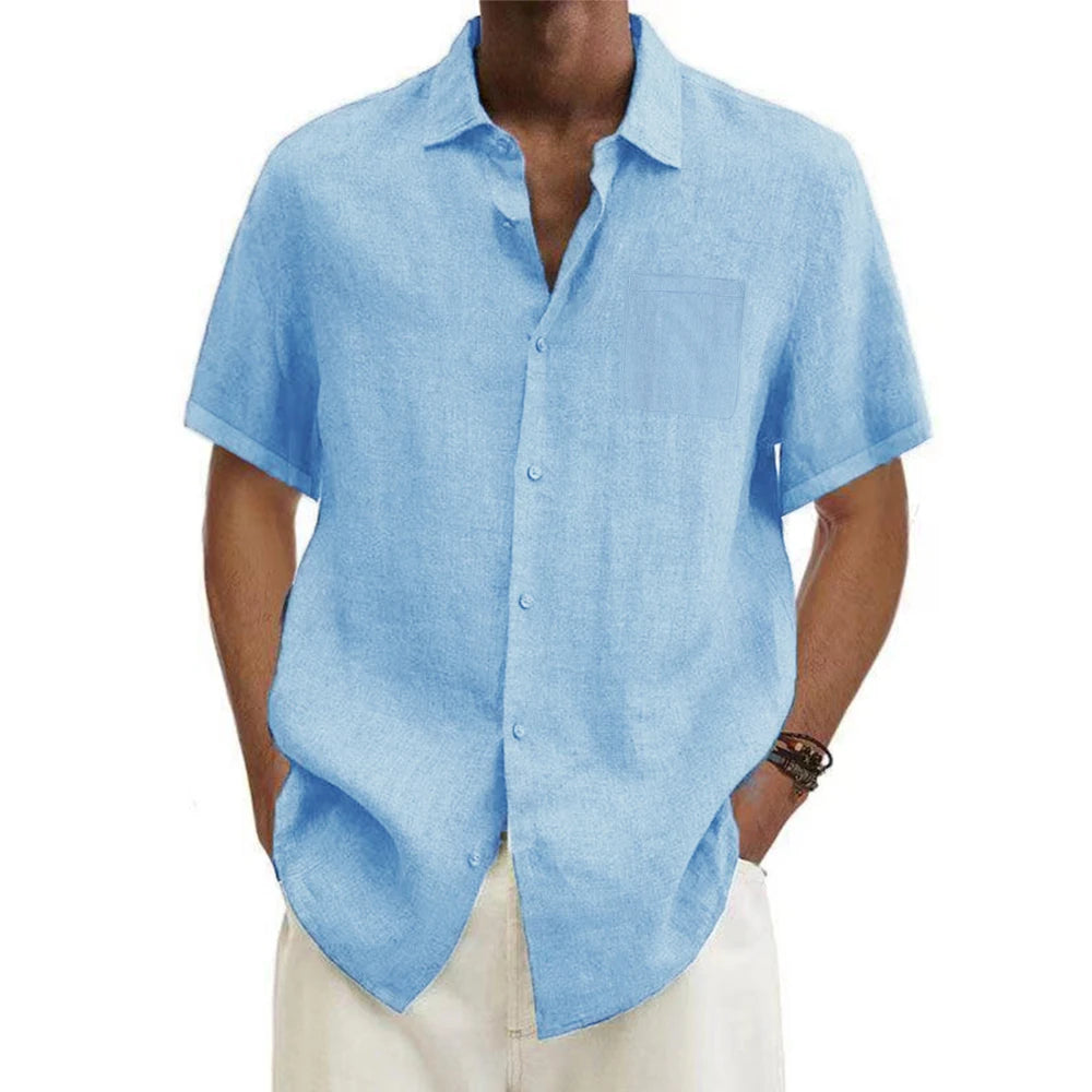 men Cotton Linen Hot Sale Men's Short-Sleeved Shirts Summer Solid Color Turn-down collar Casual Beach Style Plus Size tops Quick Pick Grocers