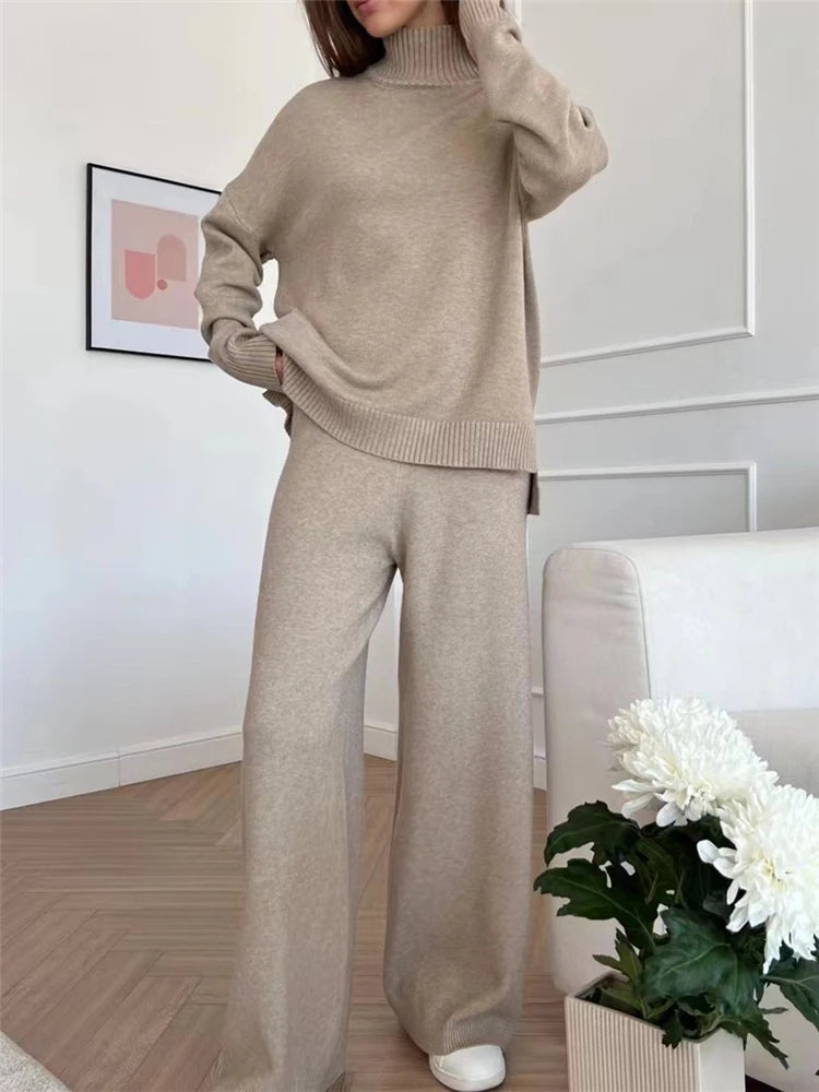 Autumn Winter 2 Pieces Women Sets Knitted Tracksuit Turtleneck Sweater and Straight Jogging Pants Suits Quick Pick Grocers