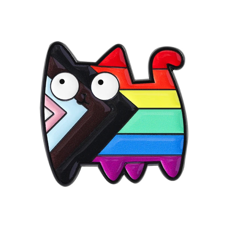 LGBT Pride Rainbow Striped Cat Brooch Enamel Pins Cute Cartoon Big Eye Kitten Brooch Lapel Badge Animal Jewelry Gift for Friends Quick Pick Grocers