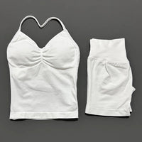 HISTELLO 2 Pieces Sports Set Women Yoga Longline Strap Top Scrunch Seamless Shorts Sport Gym Set Sportswear Workout Fitness Set Quick Pick Grocers