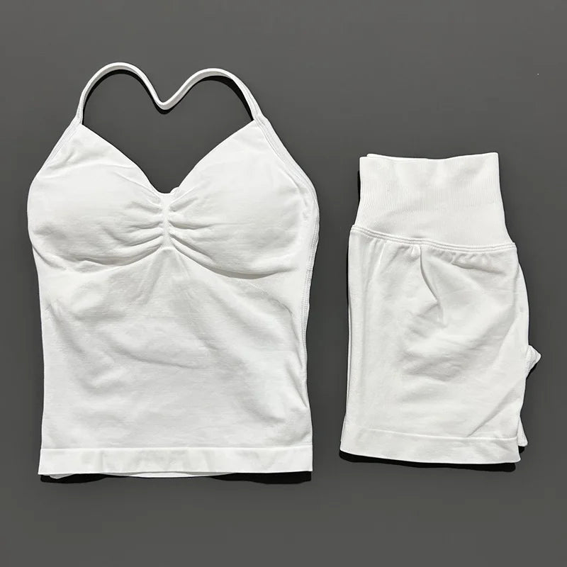 HISTELLO 2 Pieces Sports Set Women Yoga Longline Strap Top Scrunch Seamless Shorts Sport Gym Set Sportswear Workout Fitness Set Quick Pick Grocers