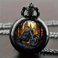 Vintage Black Motorcycle Quartz Pocket Watch, Necklace Pendant With World Time Feature,  Ideal Gift For Men & Women and Kids Quick Pick Grocers