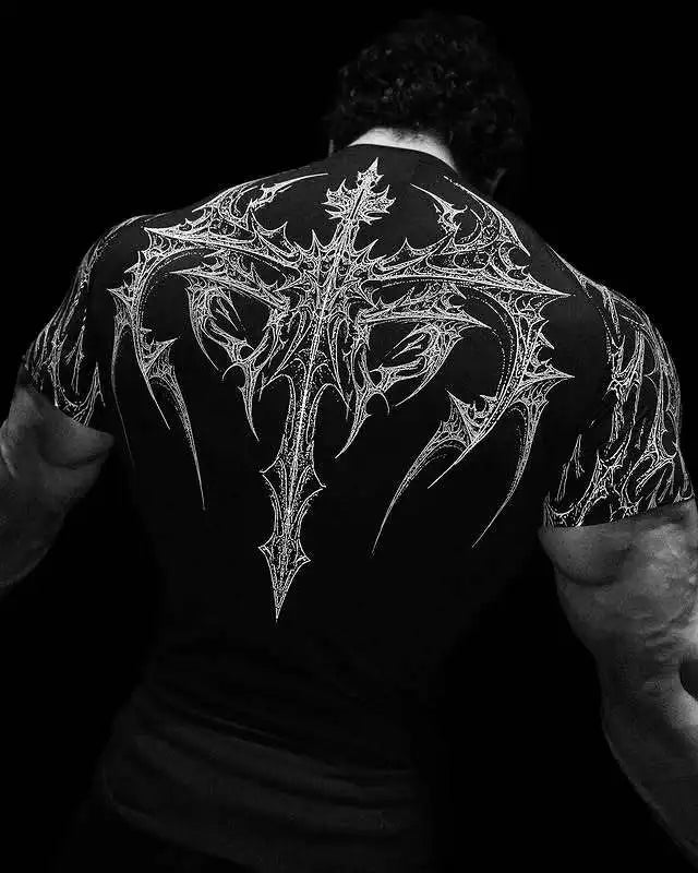 New Summer GYM T-shirt Men's Gothic Print Muscle Tee High Elasticity And Quick Drying Exercise For Bodybuilding Training T-shirt Quick Pick Grocers