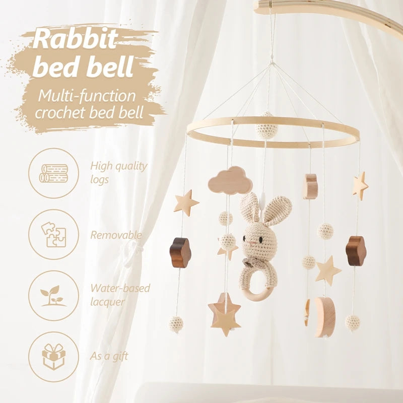 Baby Wooden Bed Bell Cartoon Rabbit Mobile Hanging Rattles Toy Hanger Crib Mobile Bed Bell Wood Toy Holder Arm Bracket Kid Gifts Purest Peak