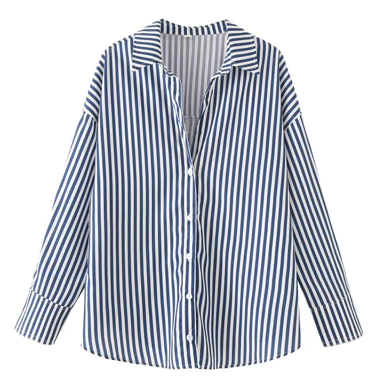 HXAO 2025 Woman Blouses Long Stripe Shirts Women Spring Summer Long Sleeve Blue White Shirt Woman Large Tops Button Up Shirts Quick Pick Grocers