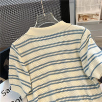 2025 Polo Neck New Womens Knitting T-Shirt Striped Short Sleeve Women T Shirt for Female Slim Tops Woman T Shirts Clothing S145 Quick Pick Grocers