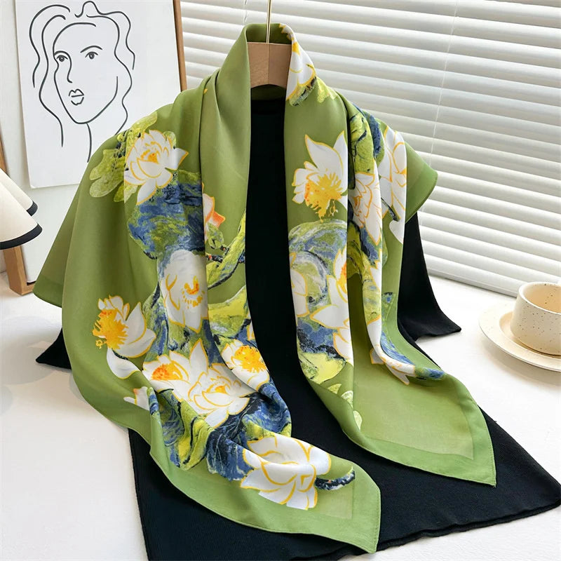 90*90Cm Square Scarf Twill Silk Feeling Women Head Shawls and Wraps Luxury Hair Tree Print Neck Scarves Hijab Bandana Pashmina Quick Pick Grocers