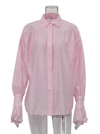 Tossy Casual Loose See-Through Shirts Women's Autumn Lapel Long Sleeve Patchwork Blouse Top Streetwear Female Solid Shirts Top Quick Pick Grocers