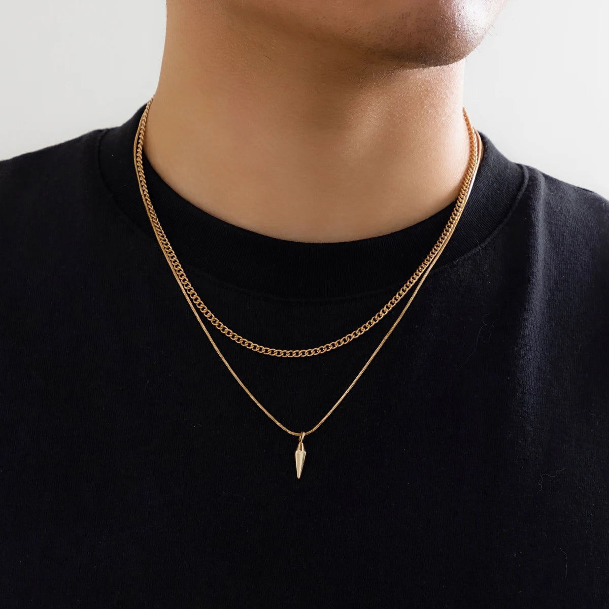 KunJoe 2pcs/set Stainless Steel Metal Rivet Pendant Thin Snake Chain Necklace for Men Punk Silver Color Cuban Link Chain Choker Quick Pick Grocers