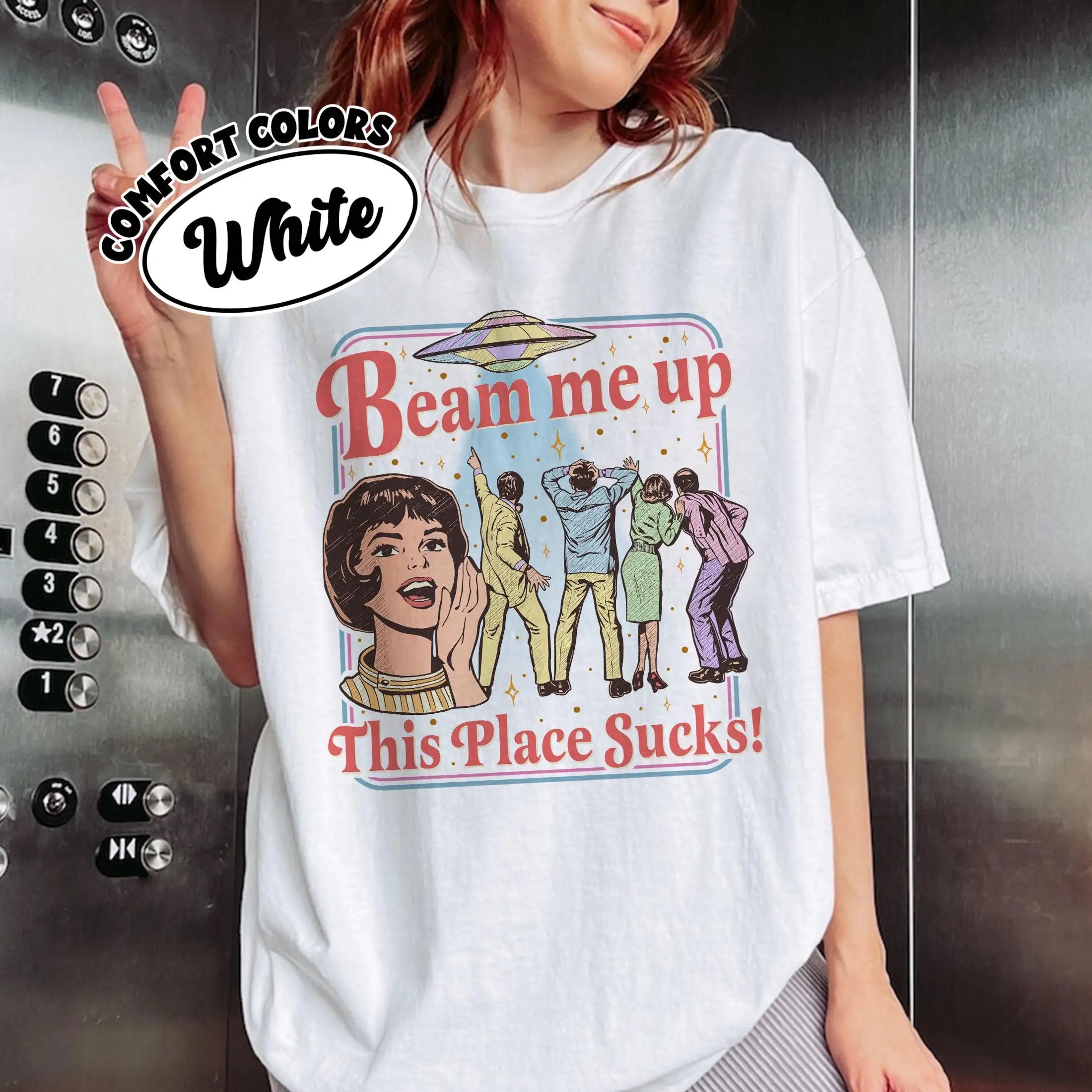 Fun Slogan 'Beam Me Up This Place Sucks' Retro UFO Crowd Print Funny Sci-fi Style' Loose Short Sleeved Women's T-shirt Quick Pick Grocers