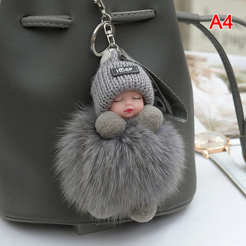 Pompom Sleeping Baby Keychain Cute Fluffy Plush Doll Keyholder Women Girl Bags Keyrings Cars Key Ring Gift Charming Decoration Quick Pick Grocers