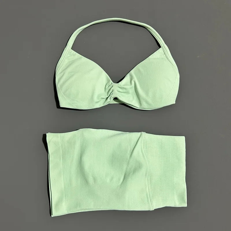 HISTELLO Gym Set 2 Piece Women Strappy Yoga Bra Top Workout Scrunch Shorts Sports Suit Fitness Clothes Seamless Yoga Set Quick Pick Grocers