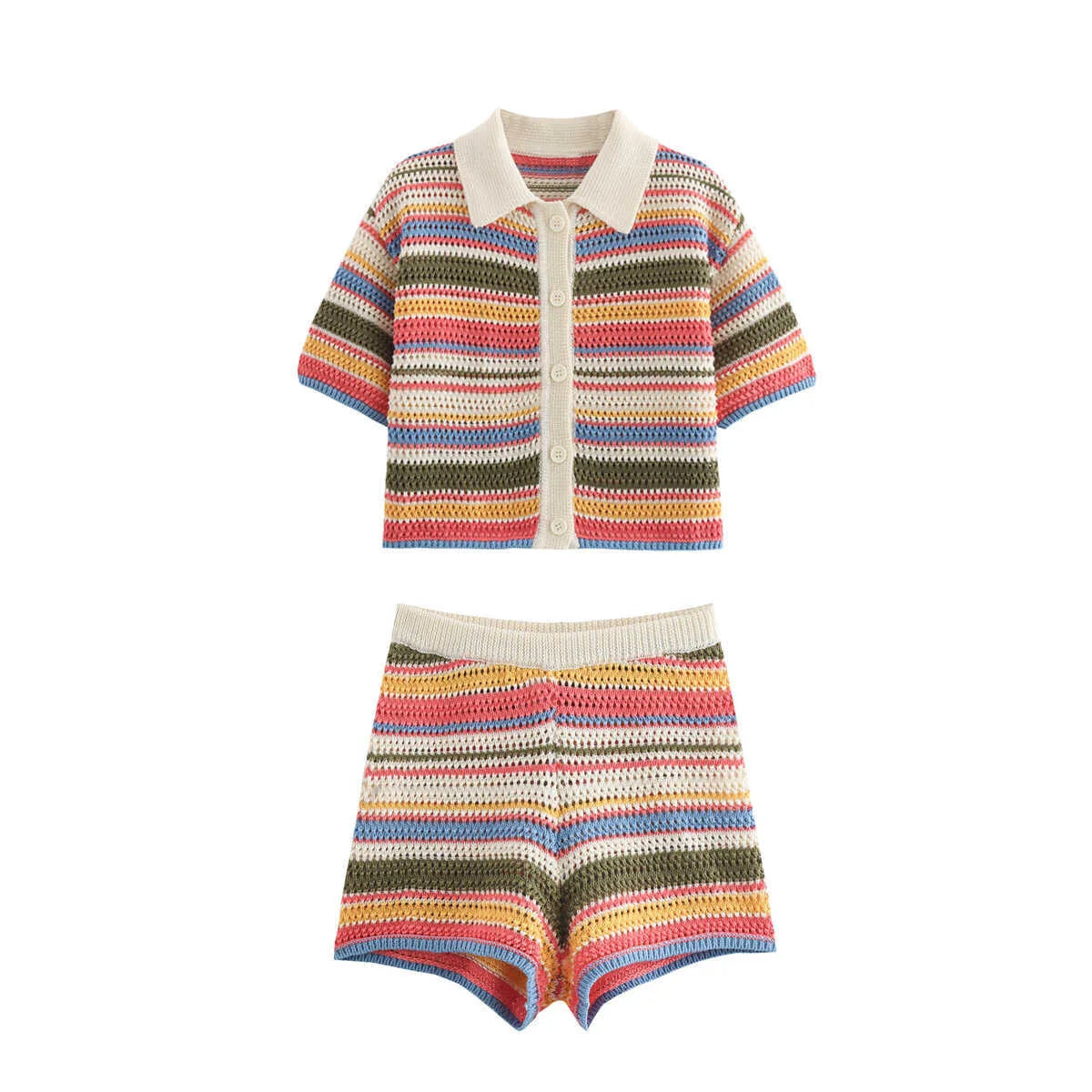 Women Patchwork Striped Hollow Out Crochet Knitted Crop Sweater Shorts Set Short Sleeve Polo Collar Sweater Knit Shorts Suit Y2K Quick Pick Grocers