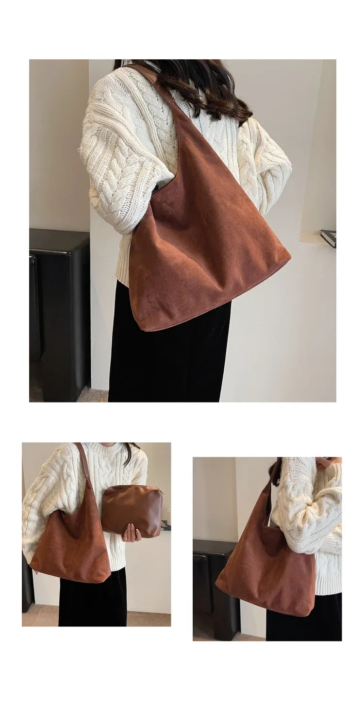 Autumn and Winter Vintage Women's Bag Large Capacity Suede Shoulder Bag Solid Color Simple Casual Commuter Bag Retro Handbags Quick Pick Grocers