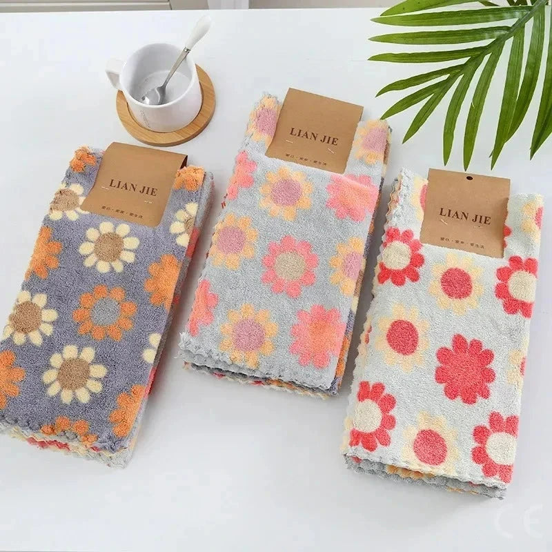 4Pcs Kitchen Cleaning Cloths Soft Absorbent Dishcloth Coral Fleece Sunflower Wiping Towel Rags Household Cleaning Cloth 30X30CM Econic Blanks