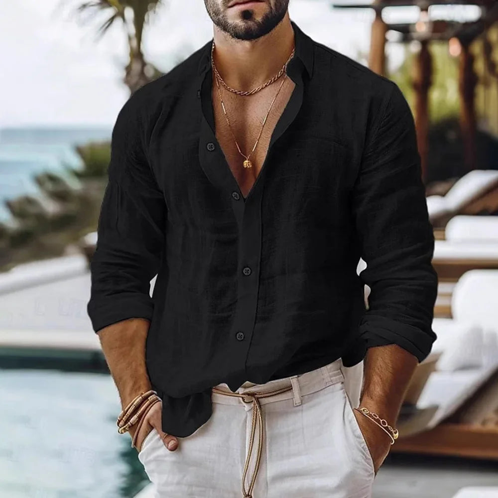 Cotton Linen Shirt for Men Summer Beach Style Solid Color Single Breasted Breathable Shirts Lightweight Stylish Button Tops Quick Pick Grocers