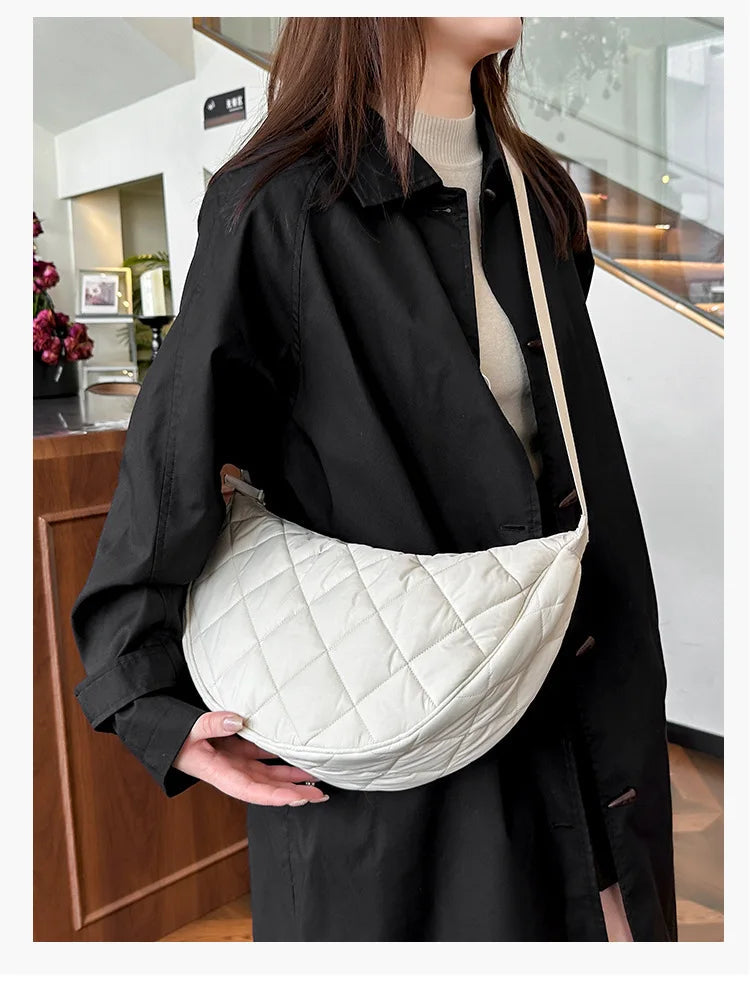 Waist Half Moon Belt Bag Solid Color Crossbody Bag Large Capacity Shoulder Bags Portable Nylon Plaid Travel Bags for Commuting Quick Pick Grocers