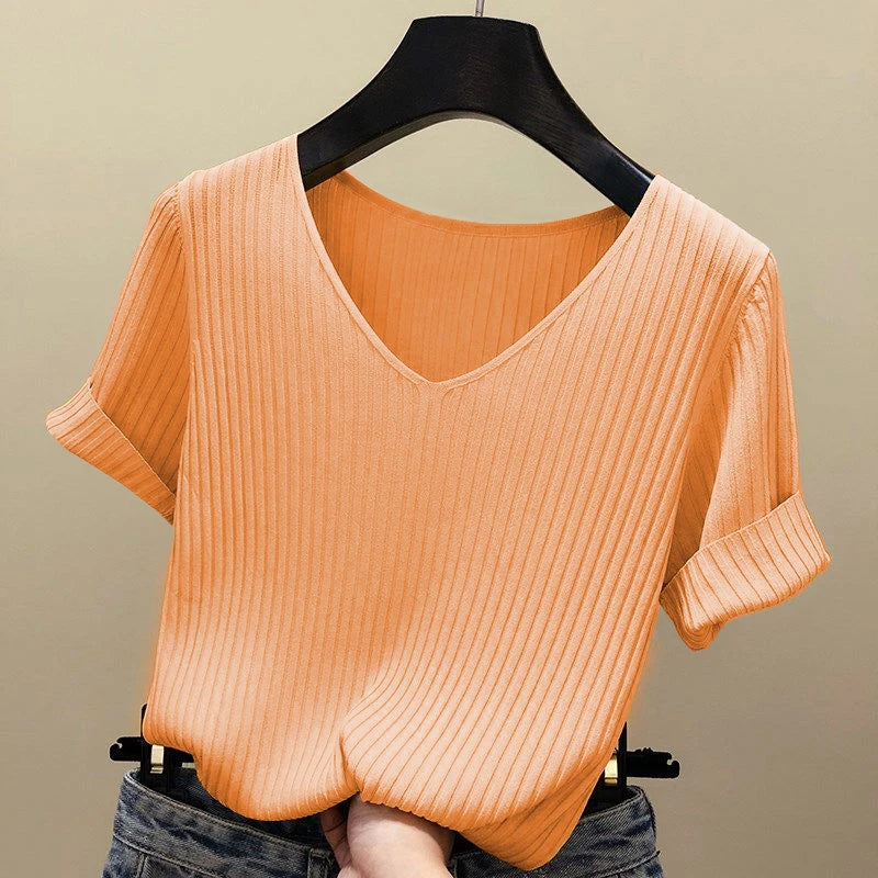 AOSSVIAO 2026 Basic V-neck Solid Thin Summer Women Pullover Female Thin Knitted Ribbed Sweater Slim Short Sleeve Bodycon Sweater Quick Pick Grocers