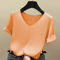 AOSSVIAO 2026 Basic V-neck Solid Thin Summer Women Pullover Female Thin Knitted Ribbed Sweater Slim Short Sleeve Bodycon Sweater Quick Pick Grocers