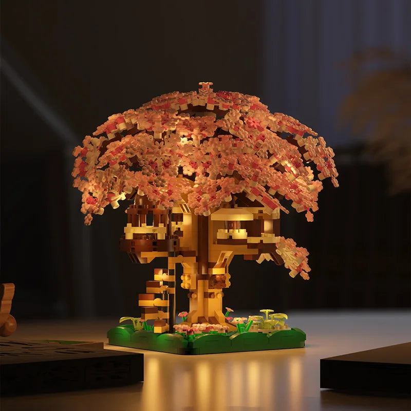 Pink cherry tree house building micro-particle building block classic model girl series difficult assembly toys Purest Peak Salt