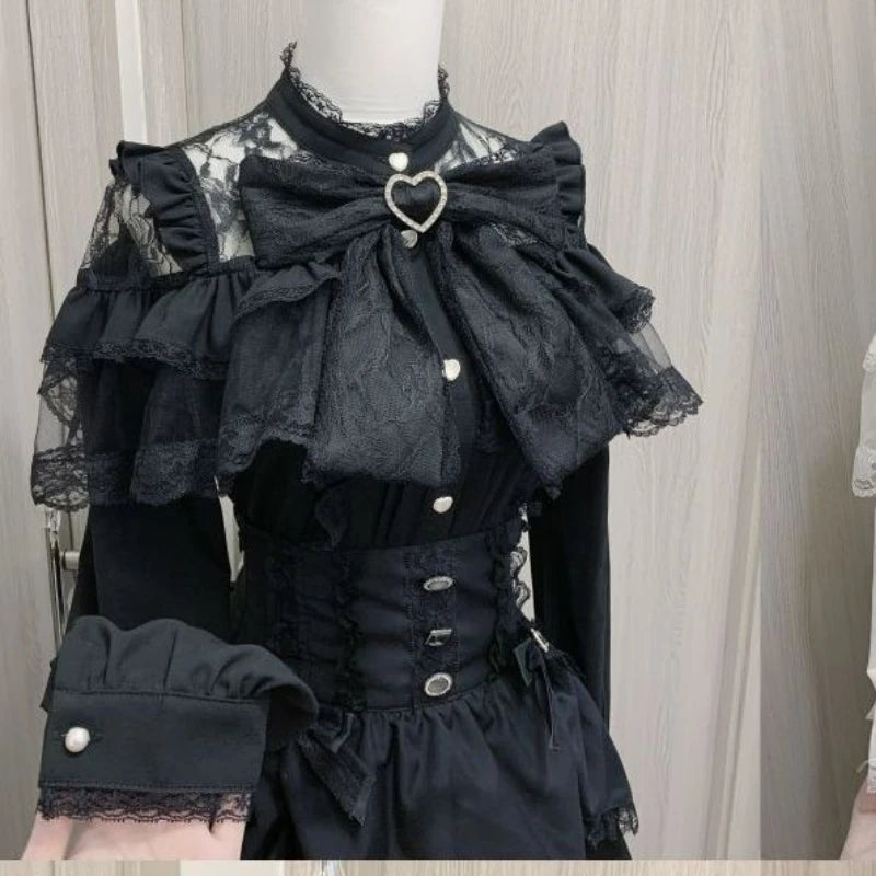 Japanese Kawaii Lolita Lace Patchwork Blouses Summer Women Harajuku Single Breasted Sweet Shirts Cute Girly JK Bow Tops Blusas Quick Pick Grocers