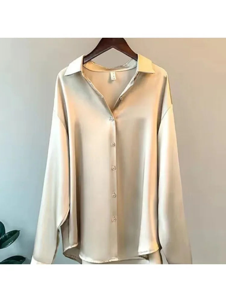 Plus Size Casual Women Silk Shirt 2025 New Fashion Loose Long Sleeve Button-Down Blouse Female Elegant Top Office Acetate Shirts Quick Pick Grocers