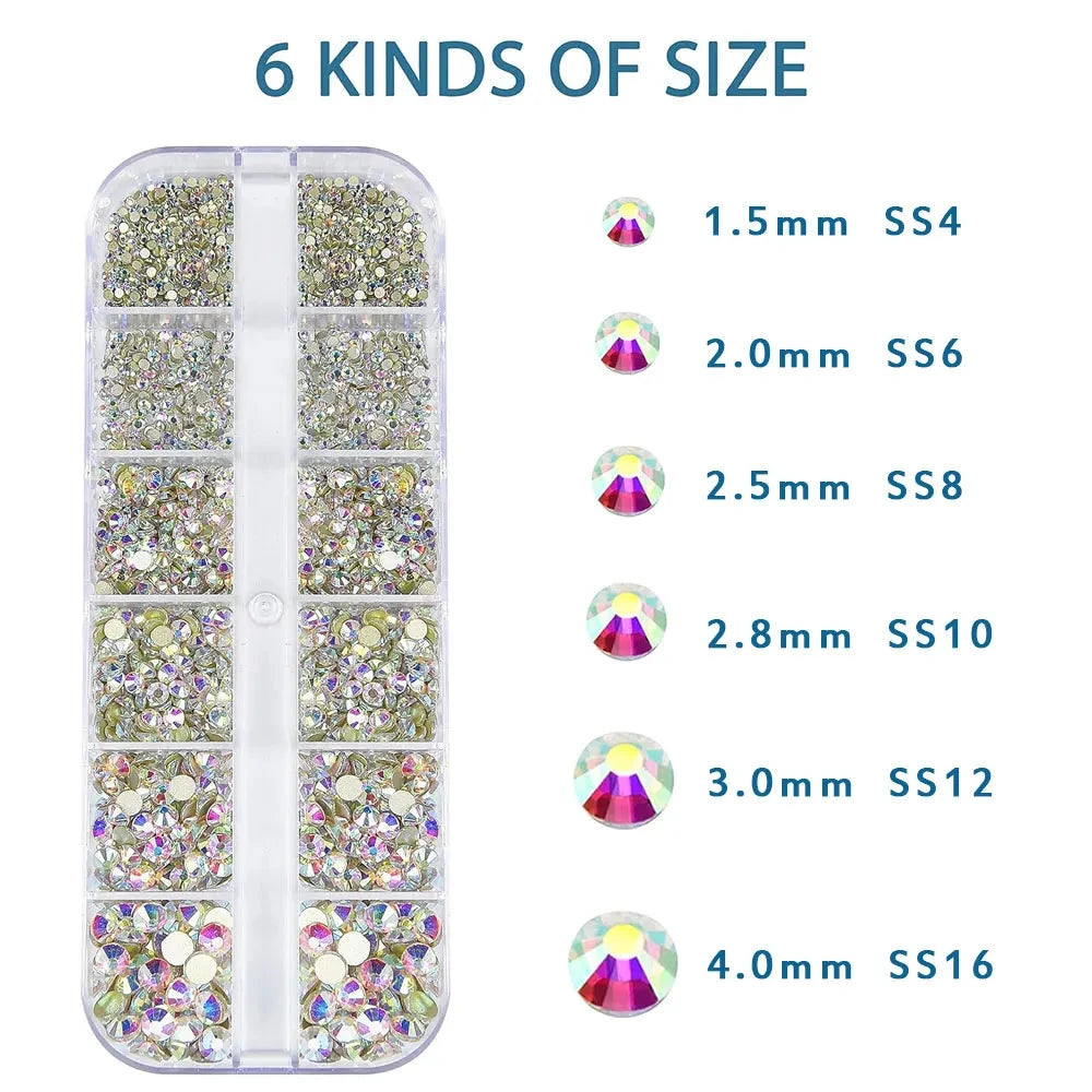 2400pcs+ Shiny Clear Crystal Gems Nail Rhinestones 1.5-4mm Mixed Round Glass Stone Flatback Nail Charms 12grids Nail Diamond DIY Econic Blanks