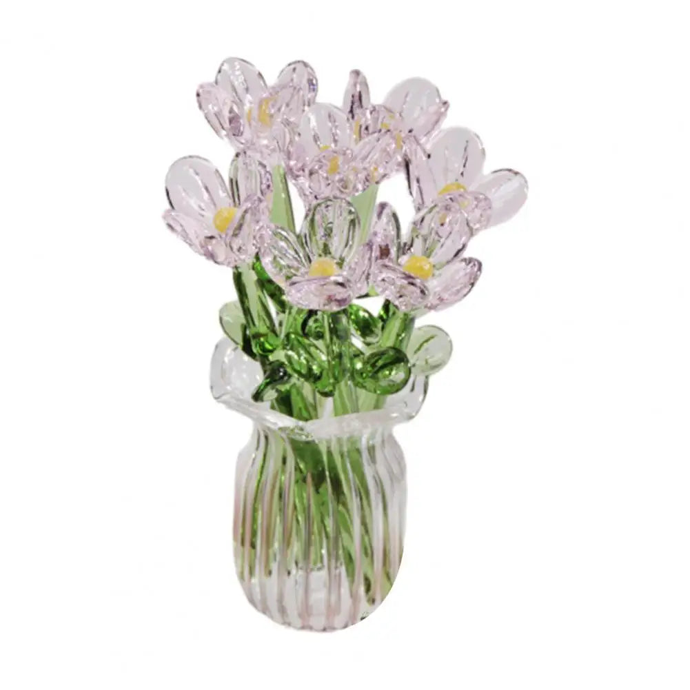 Glass Flower Decor Handcrafted Floral Sculpture Hand-blown Glass Flower Bouquet with Vase Mini Floral Decoration for Home Room Quick Pick Grocers