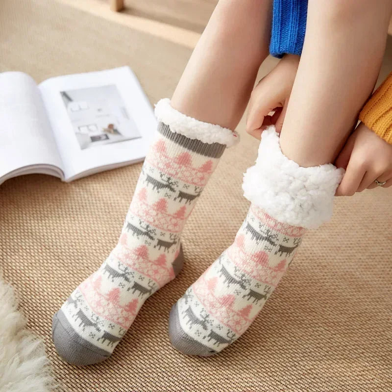 Christmas Gift Slipper Socks Women Thermal Winter Warm Plush Non slip Grip Sleeping Floor Short Sock Fuzzy Fluffy Female Cartoon Quick Pick Grocers