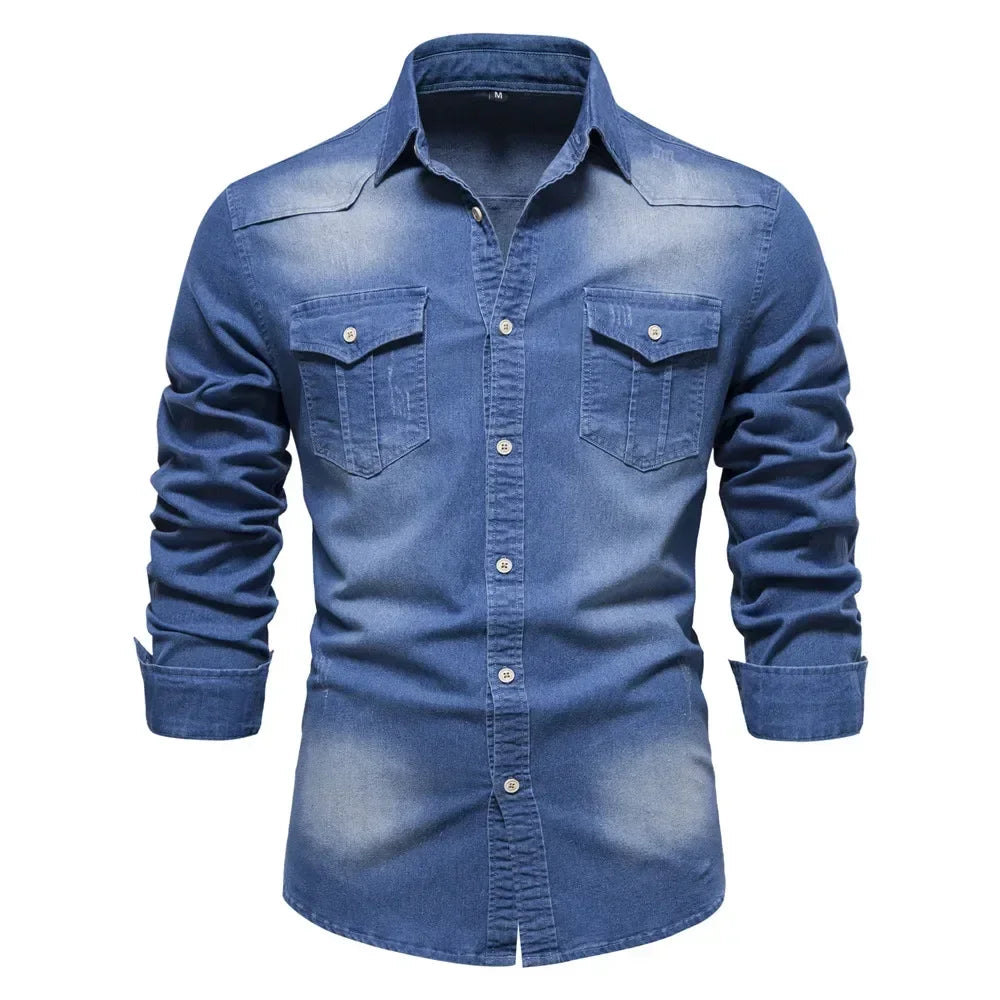 AIOPESON Brand Elastic Cotton Denim Shirt Men Long Sleeve Quality Cowboy Shirts for Men Casual Slim Fit Mens Designer Clothing Quick Pick Grocers
