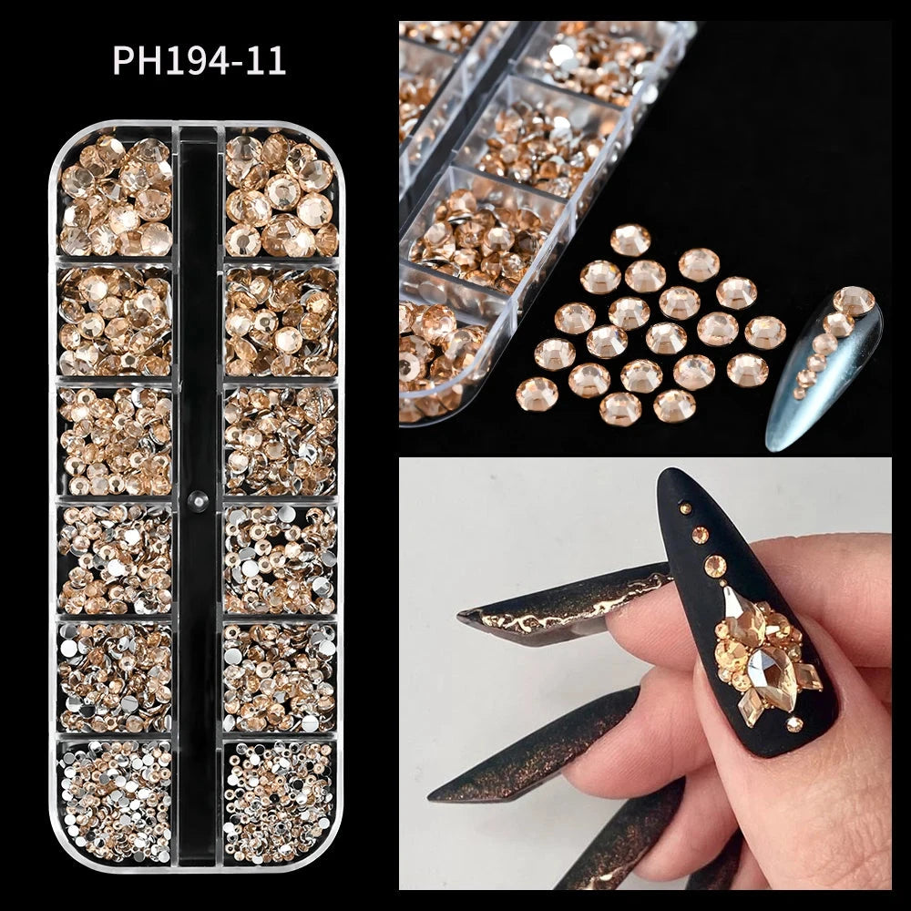 12Grids SS6-SS30 Mixed Nail Rhinestones Shiny Clear/Gold/Pink/Blue Diamond Flat-back Nail Gems Glass Stones Nails Decoration Econic Blanks