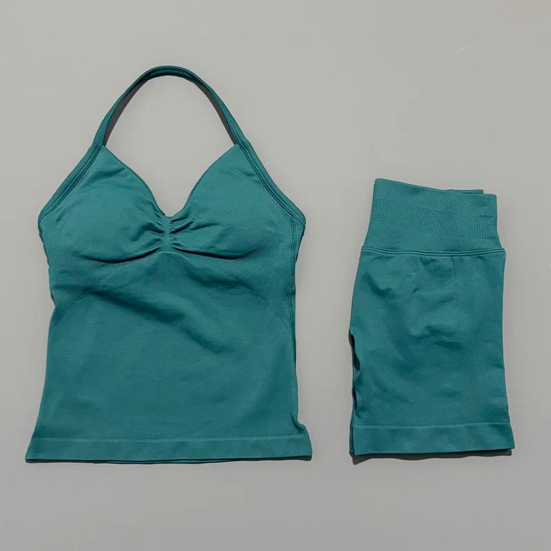HISTELLO 2 Pieces Sports Set Women Yoga Longline Strap Top Scrunch Seamless Shorts Sport Gym Set Sportswear Workout Fitness Set Quick Pick Grocers