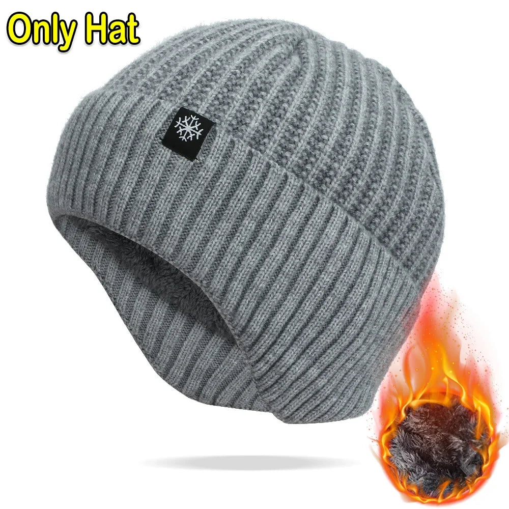 Outdoor Men Winter Knitted Hat Plush Warmth Peaked Cap Earmuff Casual Fashion Faux Fur Lined Bomber Hats Cycling Ear Protection Purest Peak