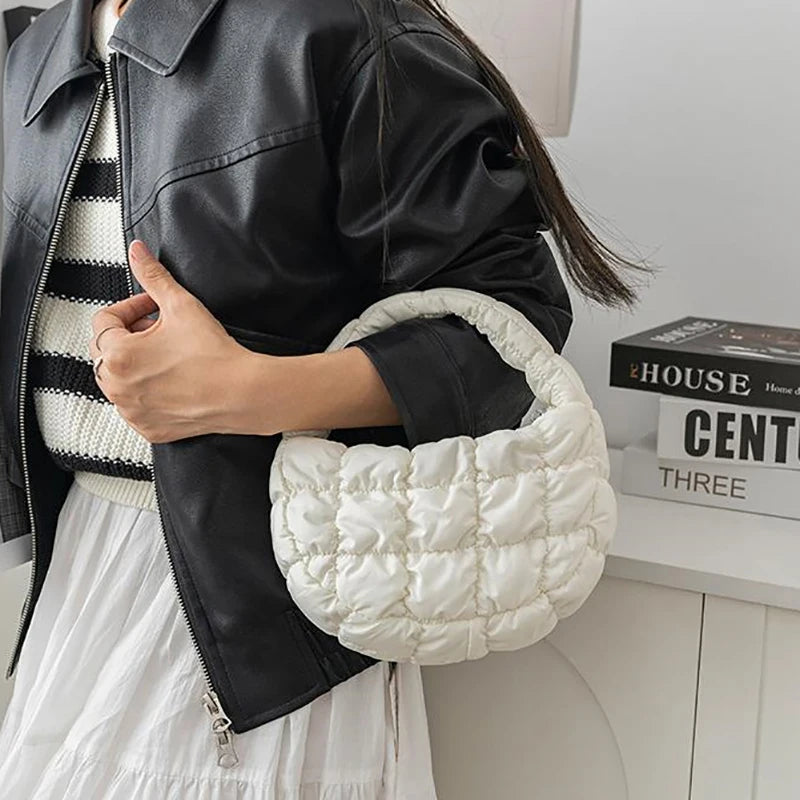 Fashion Mini Puffer Tote Bag Quilted Circle Phone Purse Elegant Purple Soft Nylon Padded Key Pouch Simple Trend Handbag Econic Blanks