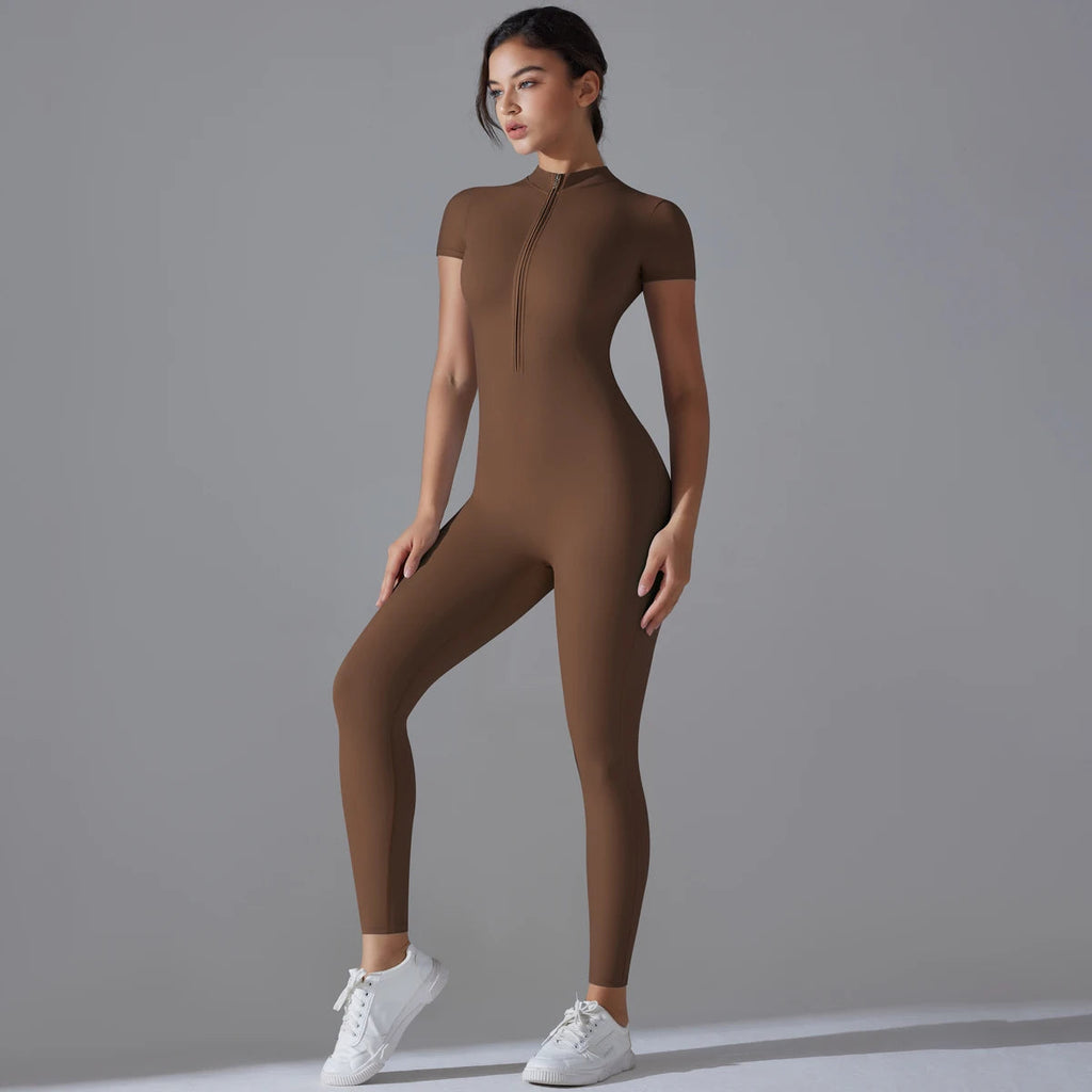 Yoga Set Women's Jumpsuits One-Piece Suit Zipper Short Sleeve Gym Push Up Workout Clothes Fitness Bodysuit Sportswear Tracksuit Quick Pick Grocers