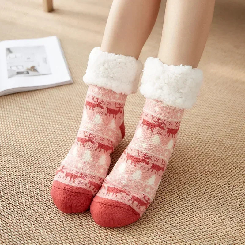 Christmas Gift Slipper Socks Women Thermal Winter Warm Plush Non slip Grip Sleeping Floor Short Sock Fuzzy Fluffy Female Cartoon Quick Pick Grocers