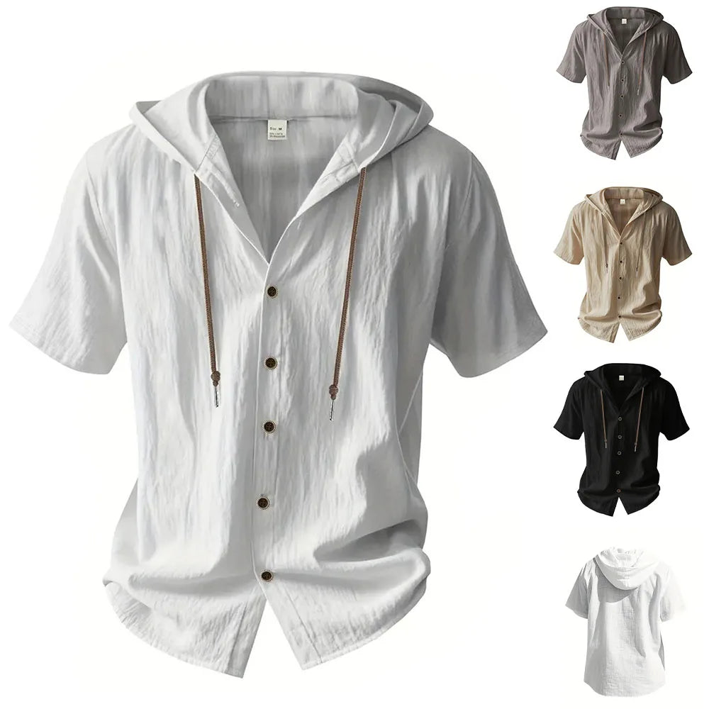 Cotton Linen Shirt for Men Hooded Short Sleeve Solid Color Breathable Lightweight Drawstring Design Shirts Casual Basic Tees Quick Pick Grocers