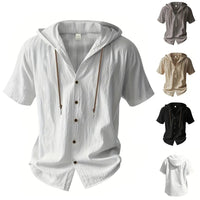 Cotton Linen Shirt for Men Hooded Short Sleeve Solid Color Breathable Lightweight Drawstring Design Shirts Casual Basic Tees Quick Pick Grocers