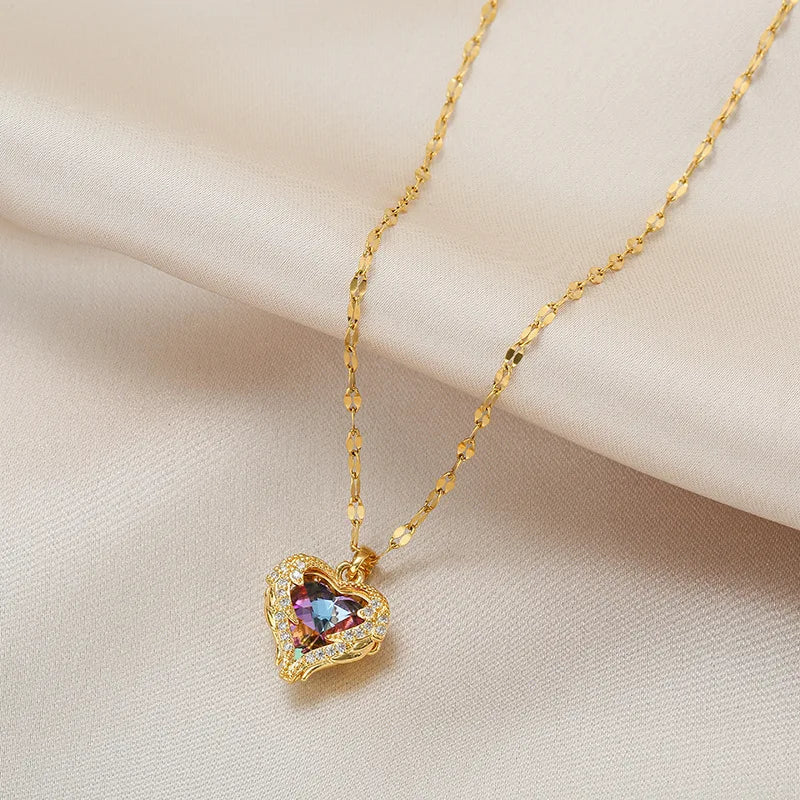 Top Luxury Colorful Crystal Ocean Heart Pendant Necklace For Women Trendy 316L Stainless Steel Jewelry Female Wedding Neck Chain Quick Pick Grocers