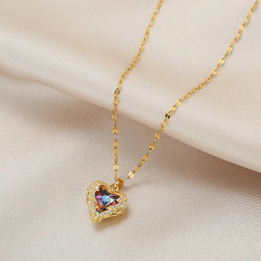 Top Luxury Colorful Crystal Ocean Heart Pendant Necklace For Women Trendy 316L Stainless Steel Jewelry Female Wedding Neck Chain Quick Pick Grocers