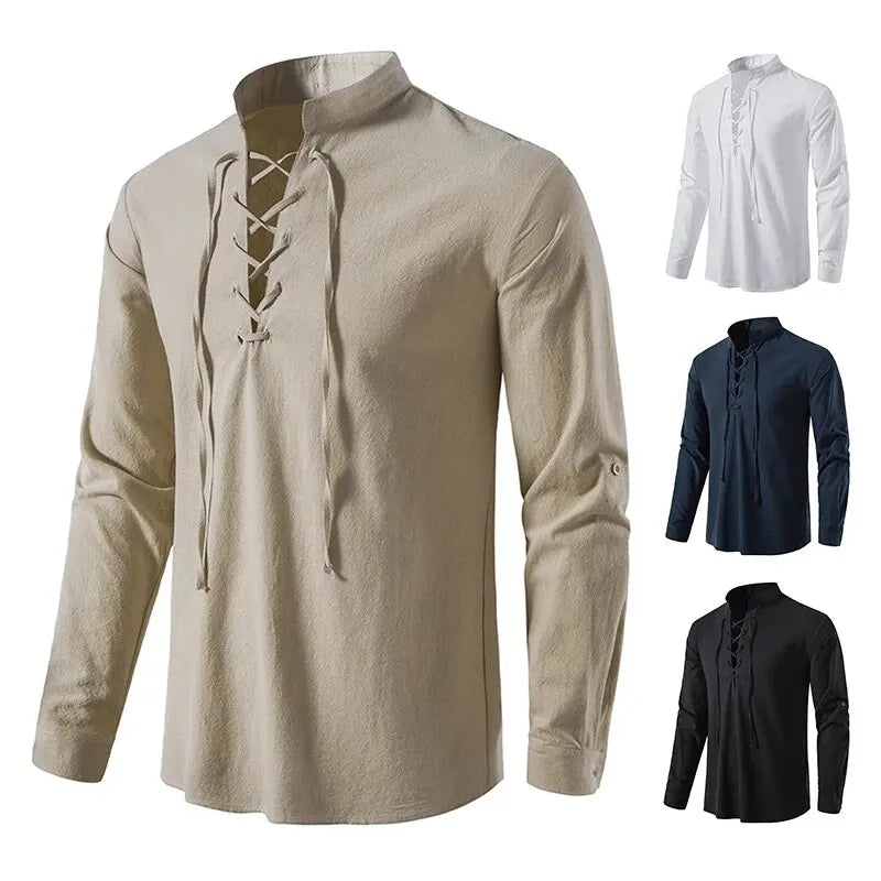 King Billion Men's Shirts Casual Men Cotton Linen Long Sleeve T-shirt Spring Autumn Vintage Shirt US Size Drawstring Neck Quick Pick Grocers