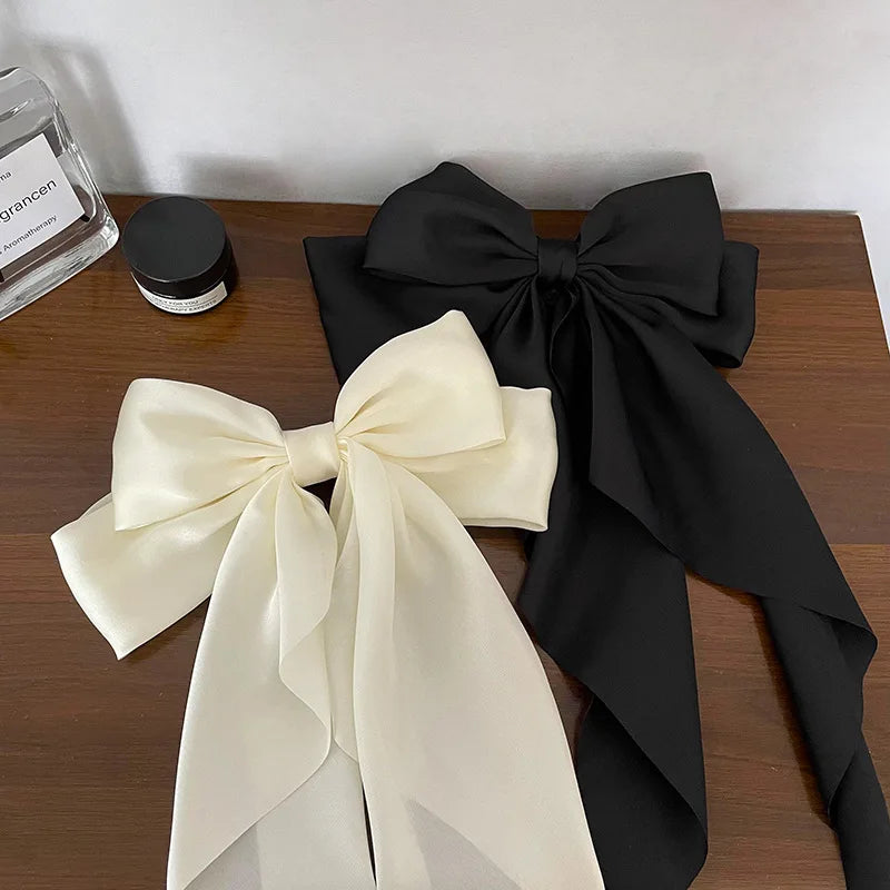 Korean Accessories Hair Clips for Women Girls Big Bowknot Solid Satin Long Ribbon Bows Spring Clamp Barette Cheveux Femme 2023 Quick Pick Grocers