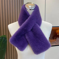 Women Winter Warm Thicken Cross Collar Scarf Solid Color Faux Rabbit Fur Cold Proof Scarves Fashion Soft Furry Neck Warmer Quick Pick Grocers