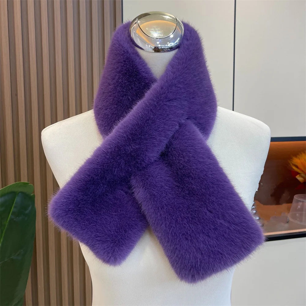 Women Winter Warm Thicken Cross Collar Scarf Solid Color Faux Rabbit Fur Cold Proof Scarves Fashion Soft Furry Neck Warmer Quick Pick Grocers