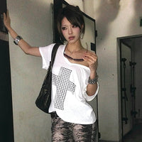 Karrram Japanese Y2k Metal Cross Print T-shirt Trashy 2000s V-neck Sheer Tops Vintage Harajuku Short Sleeve Streetwear Grunge Quick Pick Grocers