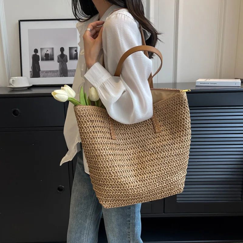 Hand-woven Women's Shoulder Handbag Bohemian 2025 Summer Fashion Straw Beach Tote Bag Travel Shopper Weaving Shopping Bags Quick Pick Grocers