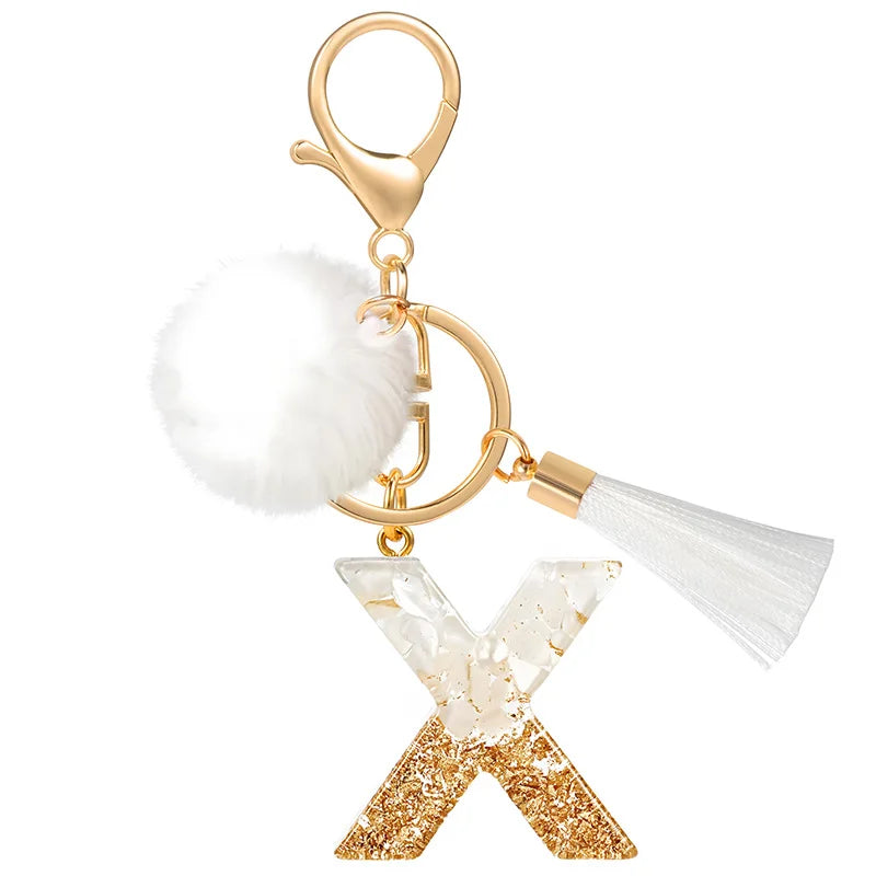 Creative Resin Initials White Fringe Fur Ball Women Keychain A-Z Letter Pendant Handbag Decor Car Key Ring Jewelry Gift Quick Pick Grocers