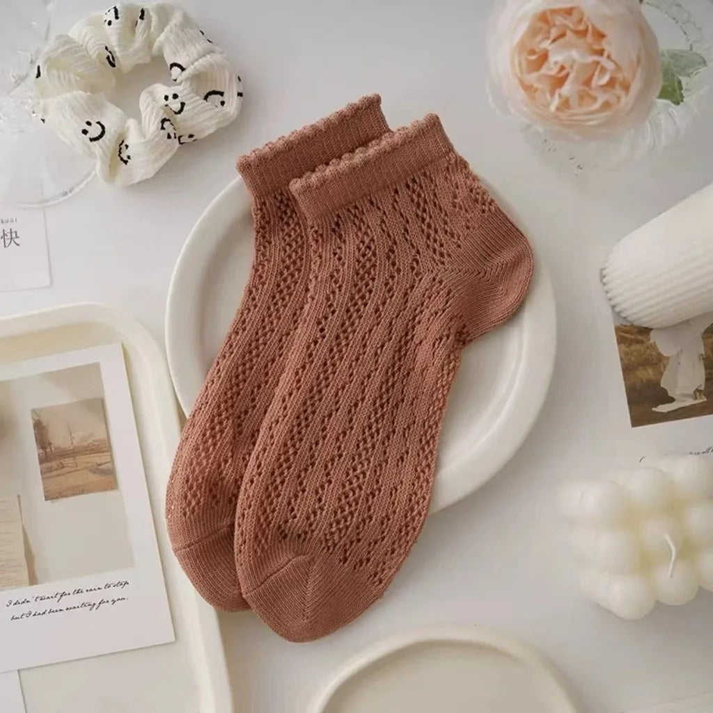 Fashionable Summer Soft Short Socks for Women Thin Mesh Sock Breathable Feature Sweet Hollow Out Design White Lace Ankle Socks Quick Pick Grocers