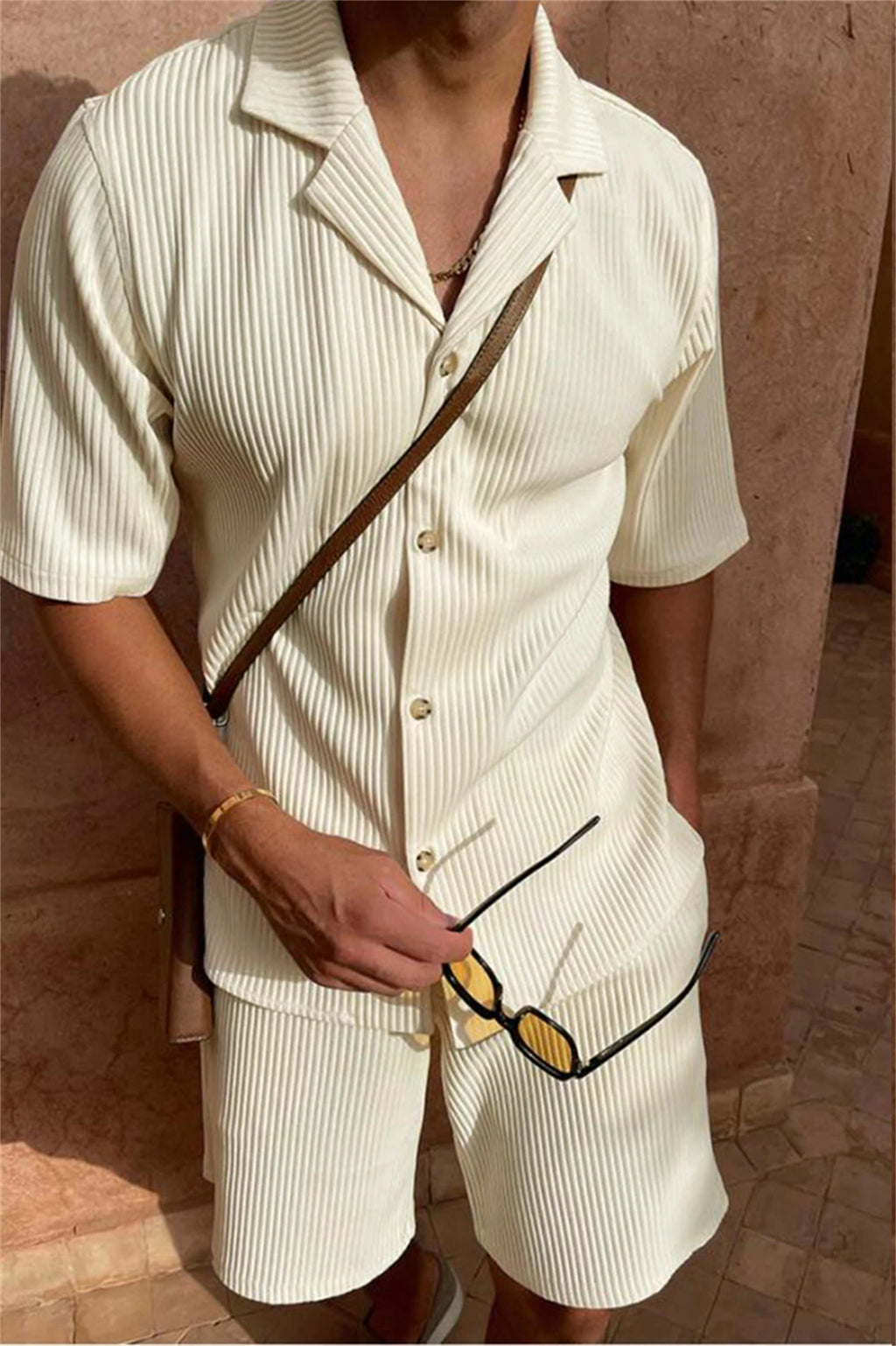 Spring/Summer suit Solid color corduroy shorts sleeve shirt and shorts stretch beach casual suit Quick Pick Grocers